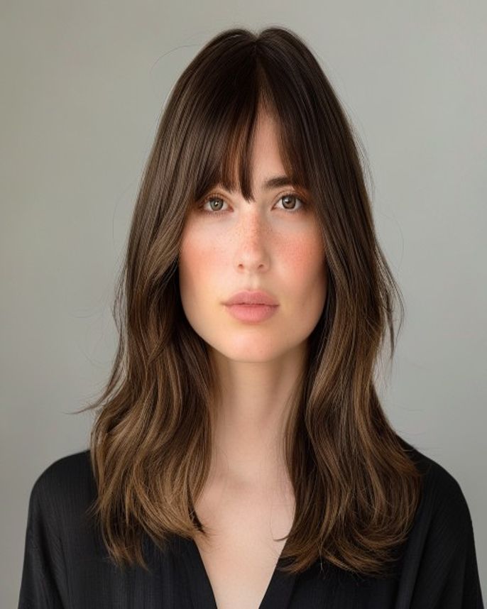 Long Layered 2C Waves with Center-Parted Curtain Bangs on Brunette Hair