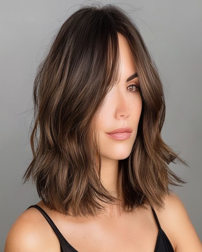 Long Layered 2C Waves with Cheekbone-Level Face-Framing on Thick Brunette Hair