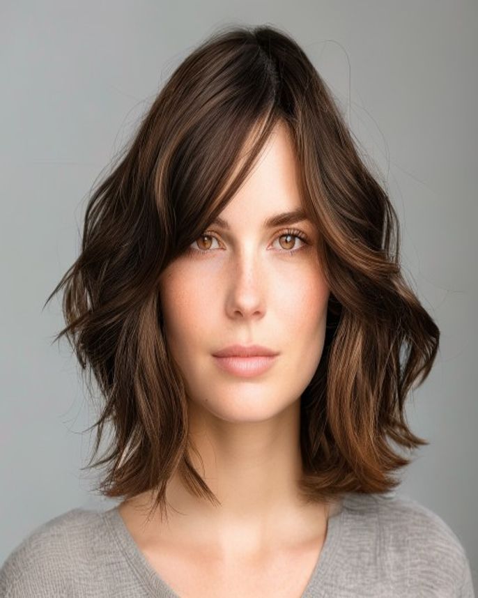 Long Wavy Fringe Cut Below the Brow with Point-Cut Edges on 2C Hair