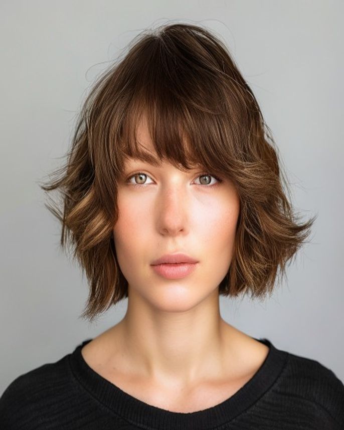Short Wavy Shag with Choppy Layers Just Past the Ears on 2C Brunette Hair
