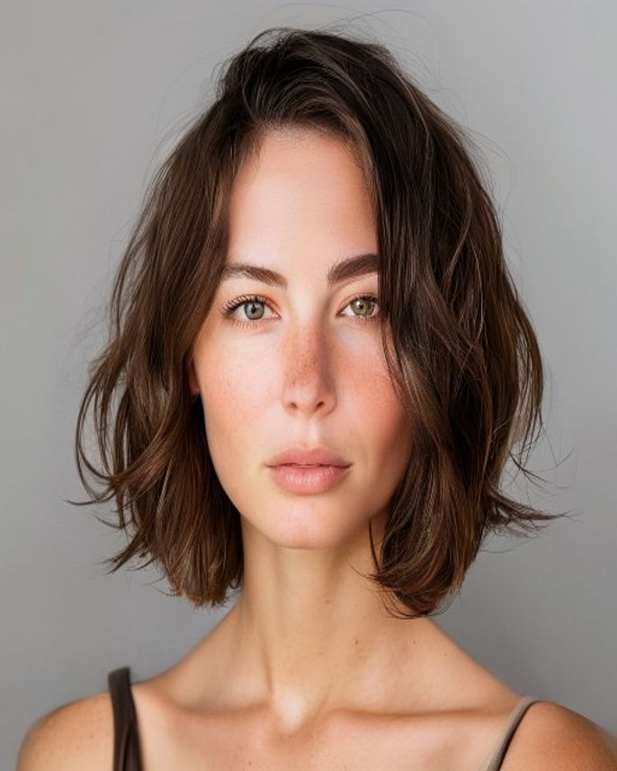Shoulder-Length Wavy Shag with Feathered Cheekbone Layers on Brunette 2C Hair