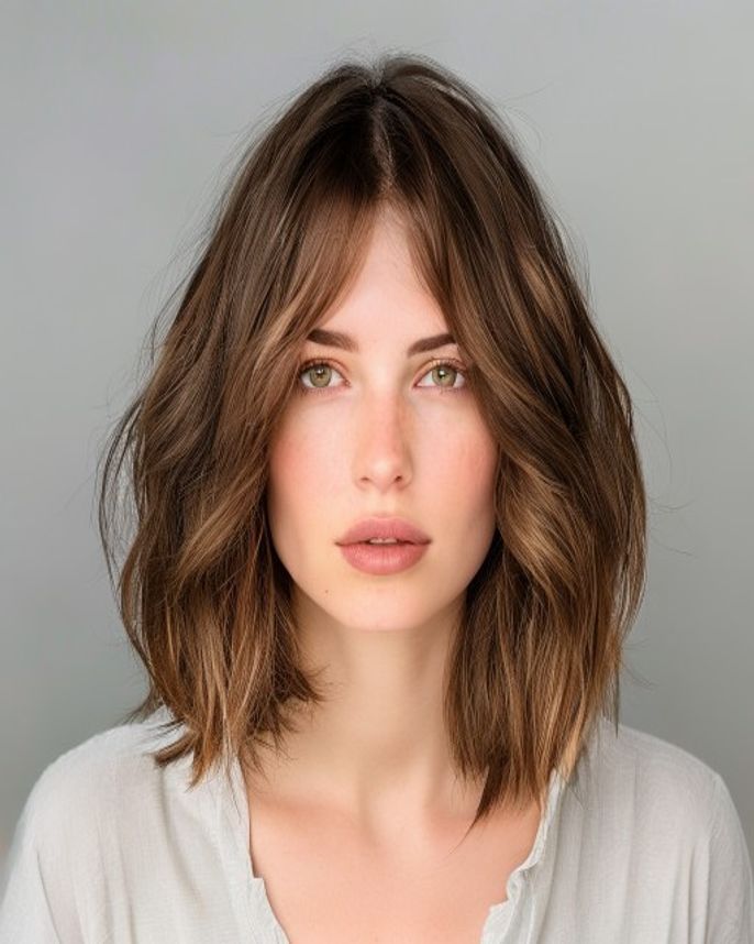 Textured Collarbone Lob with Point-Cut Ends on Wavy Brunette 2C Hair