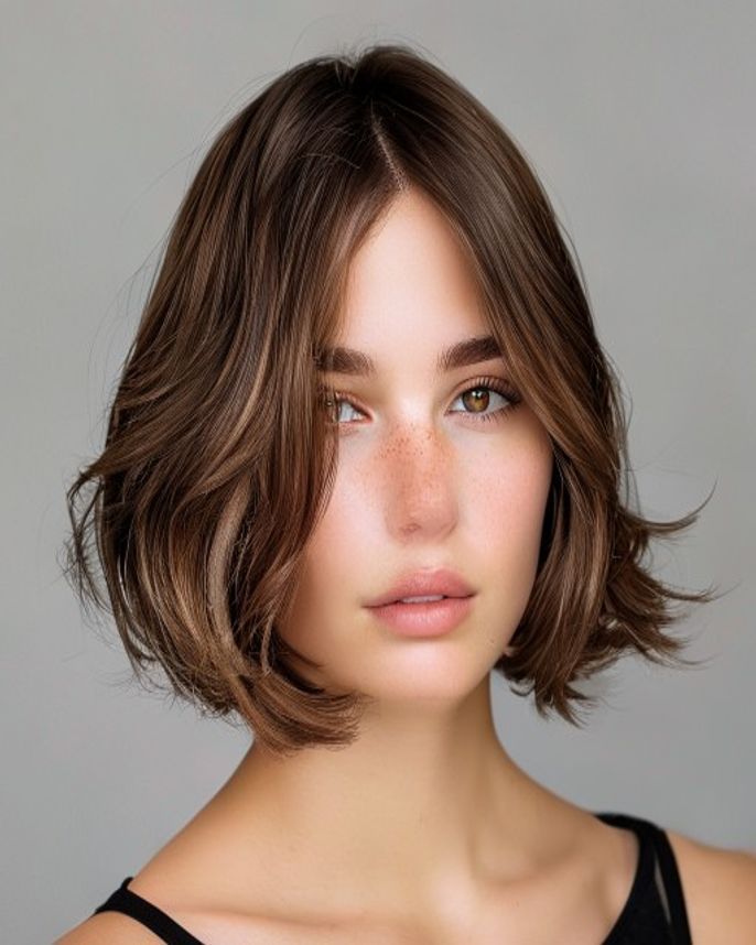 Tousled Ear-Length Wavy Bob Air-Dried with Mousse on 2C Brunette Hair
