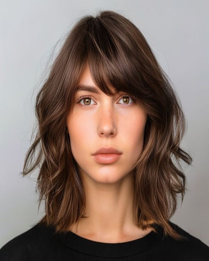 Shoulder-Length Wavy Bob with Full Birkin Bangs on Brunette 2C Hair