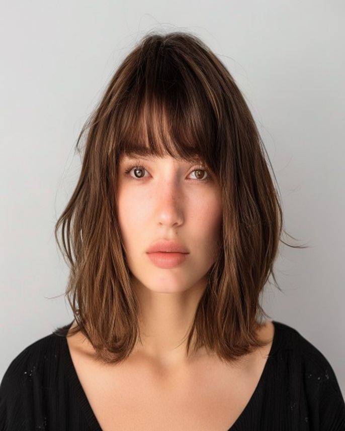 Wavy Lob with Rounded Bottleneck Bangs and Wispy Sides on 2C Brunette Hair