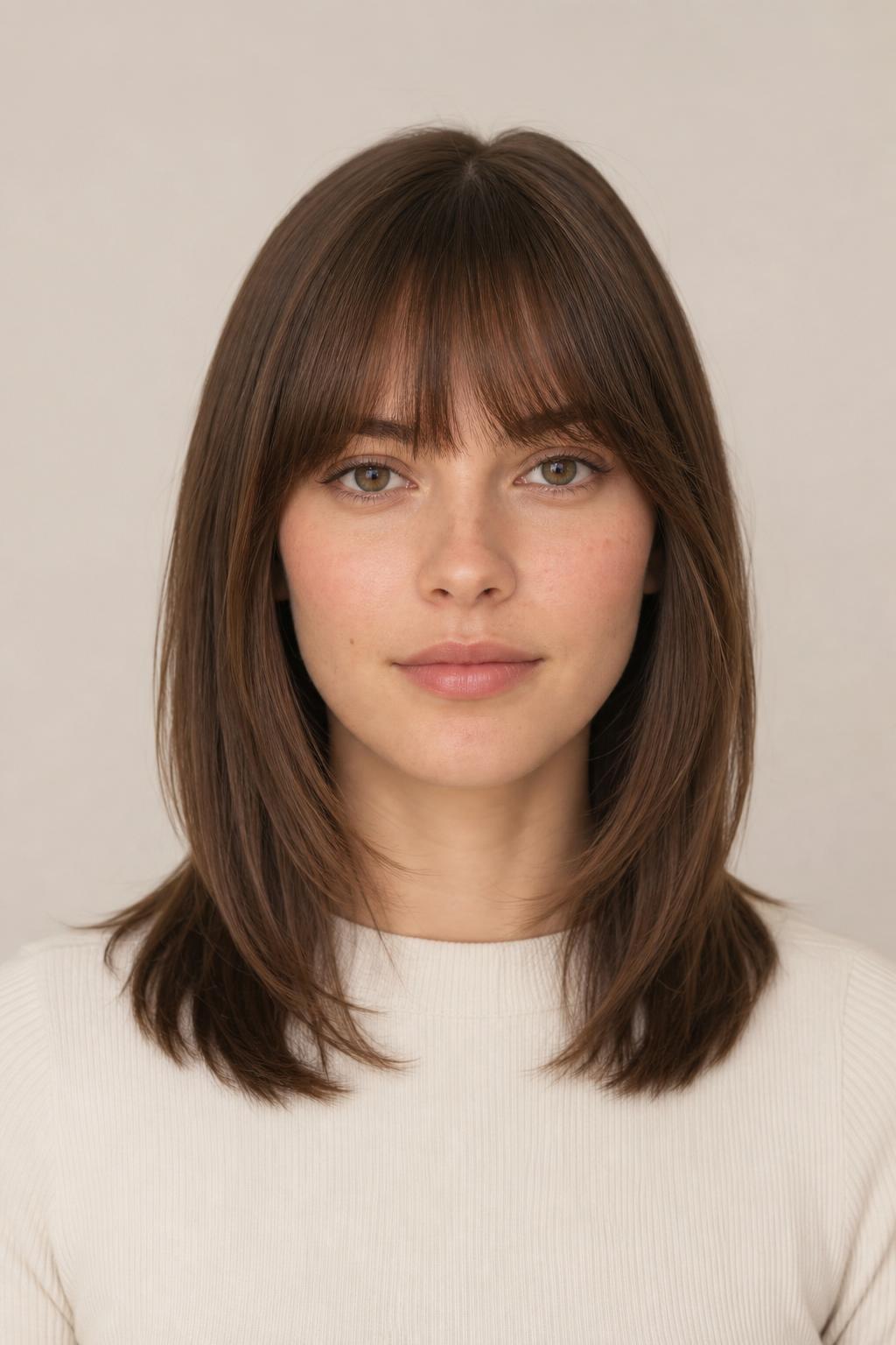 Classic Arched Fringe Following the Brow Line on Straight Medium Brown Hair