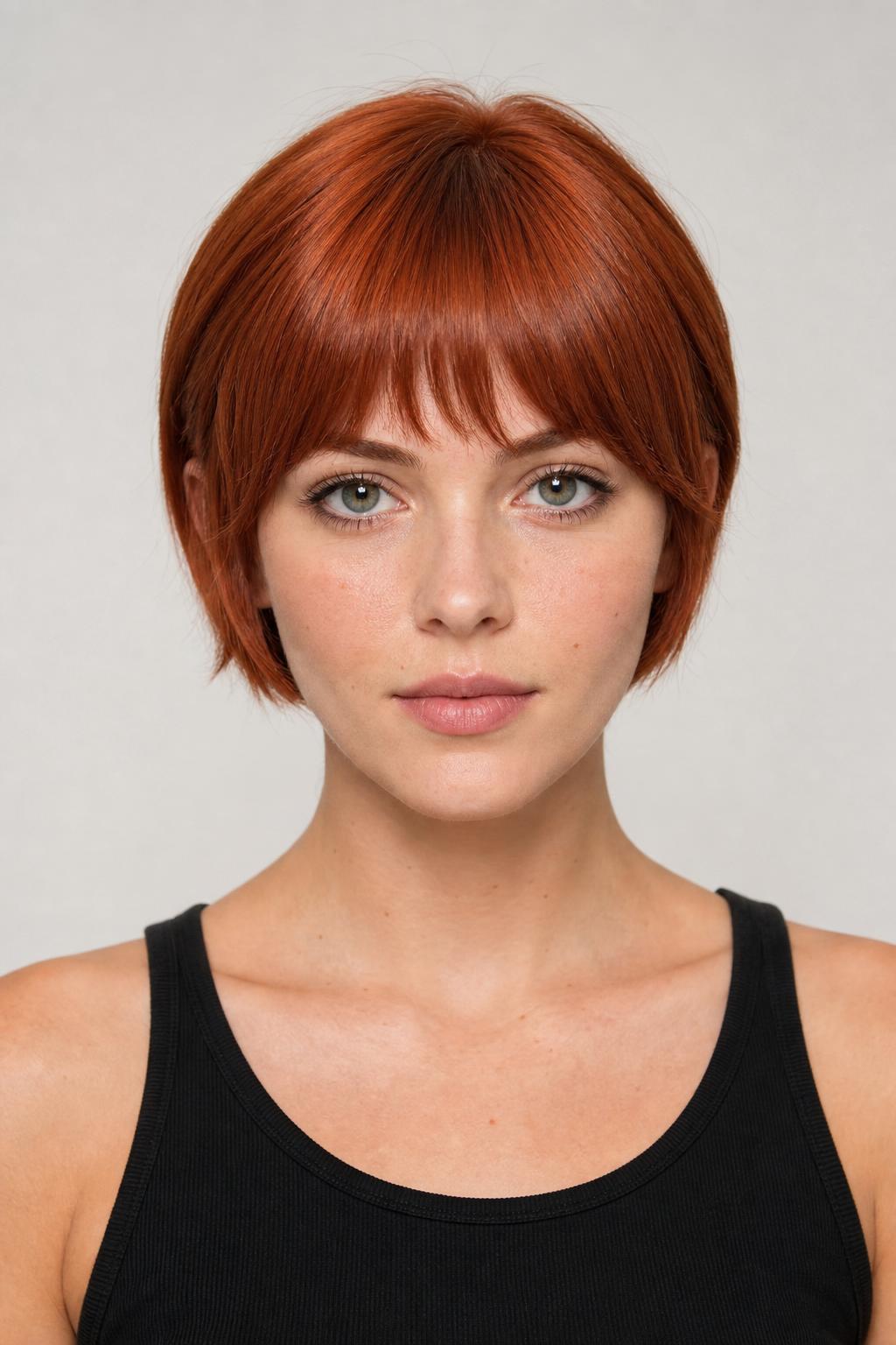 Copper Arched Fringe with an Ear-Length Crop and Exposed Neckline