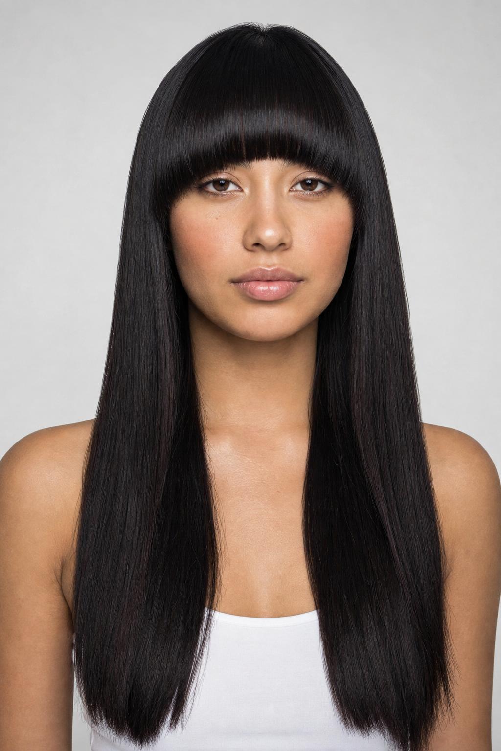 Dense Rounded Arch Fringe with Very Long Straight Dark Hair