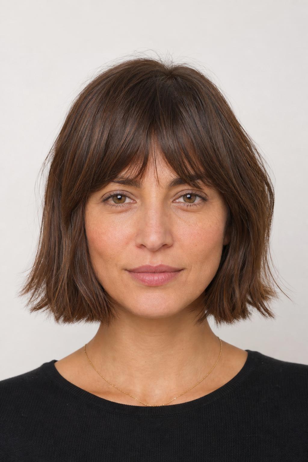 Softly Arched Fringe with a Jaw-Length French Bob on Chestnut Hair