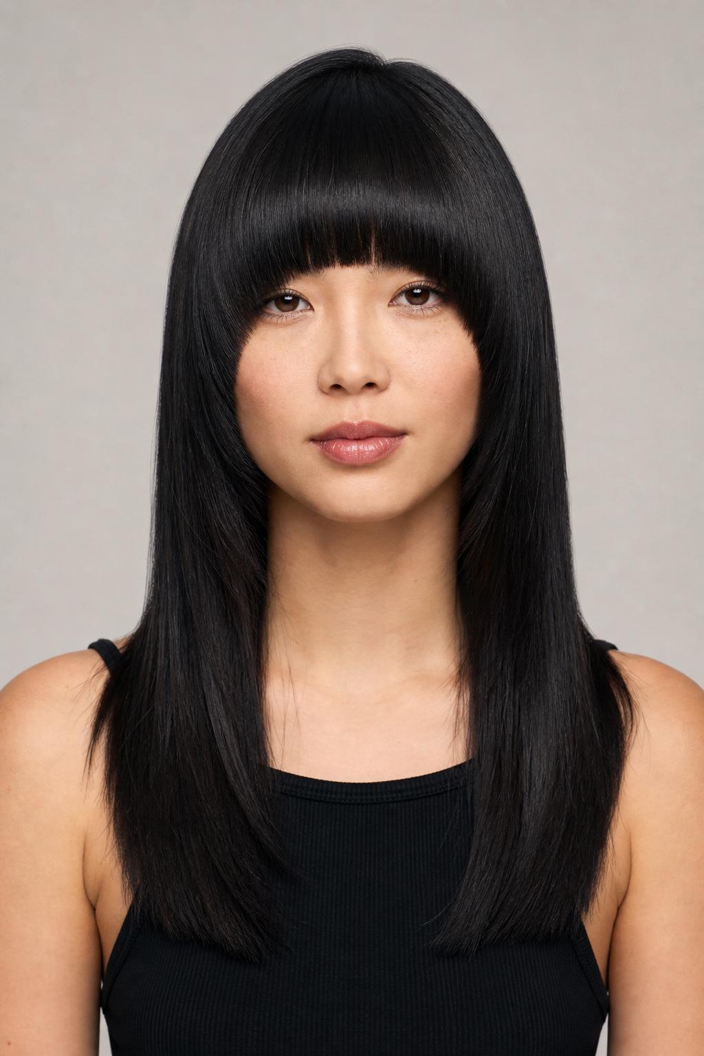 Thick Graphic Arched Fringe with a Solid Hem on Poker-Straight Black Hair