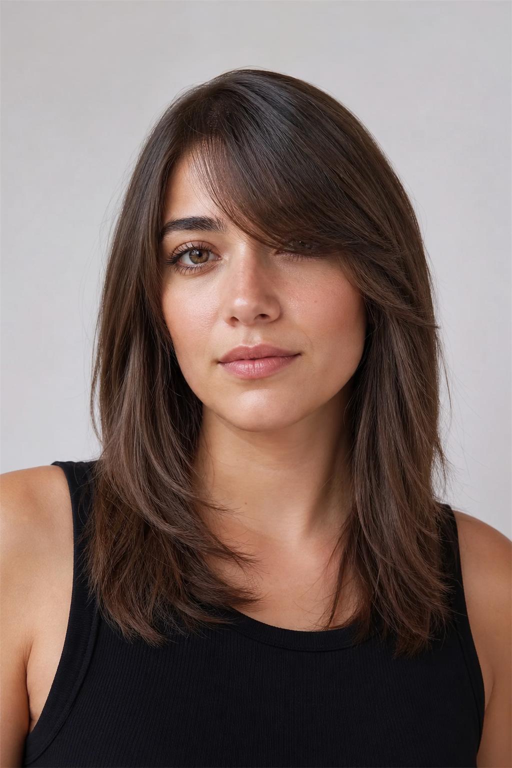 Grown-Out Arched Fringe Swept to One Side at Eye Length on Brown Hair