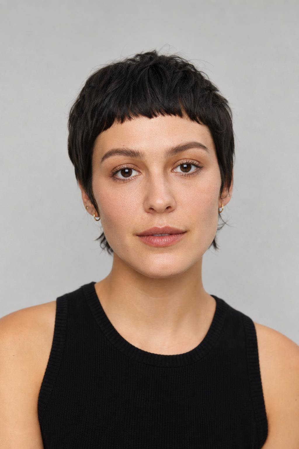 High Arched Micro Fringe Outlining the Forehead on a Dark Pixie Cut