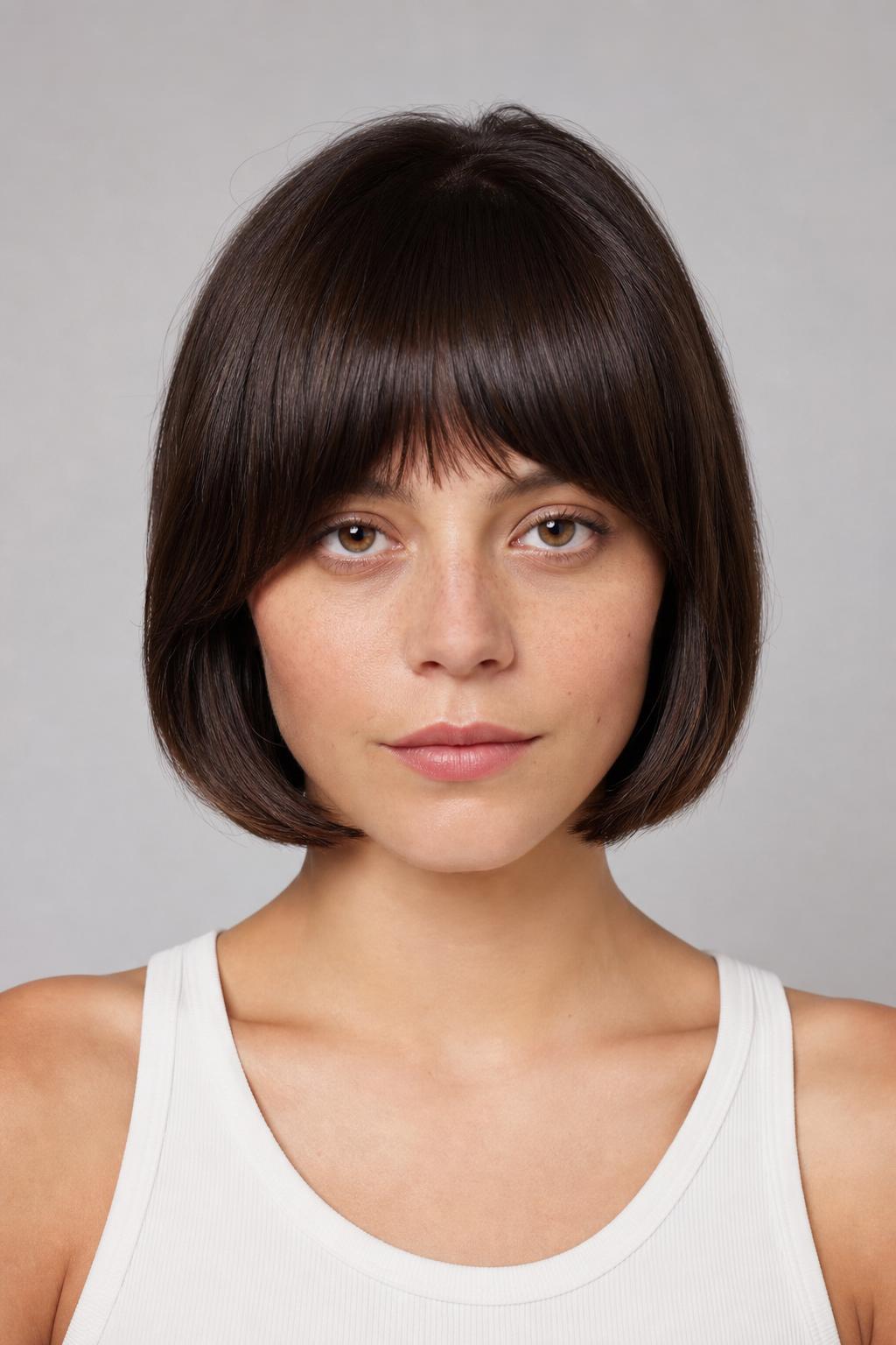 Rounded Mod Fringe with a Curved Chin-Length Bob on Glossy Dark Hair