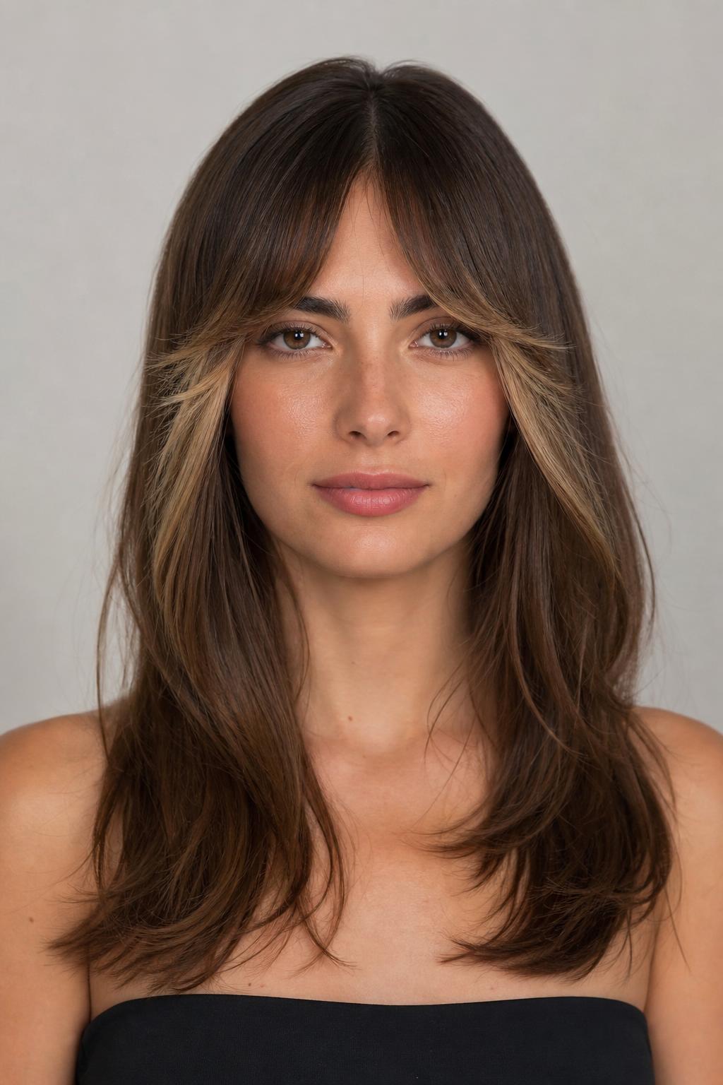 Arched Fringe with Bright Money-Piece Highlights at the Corners on Brown Hair