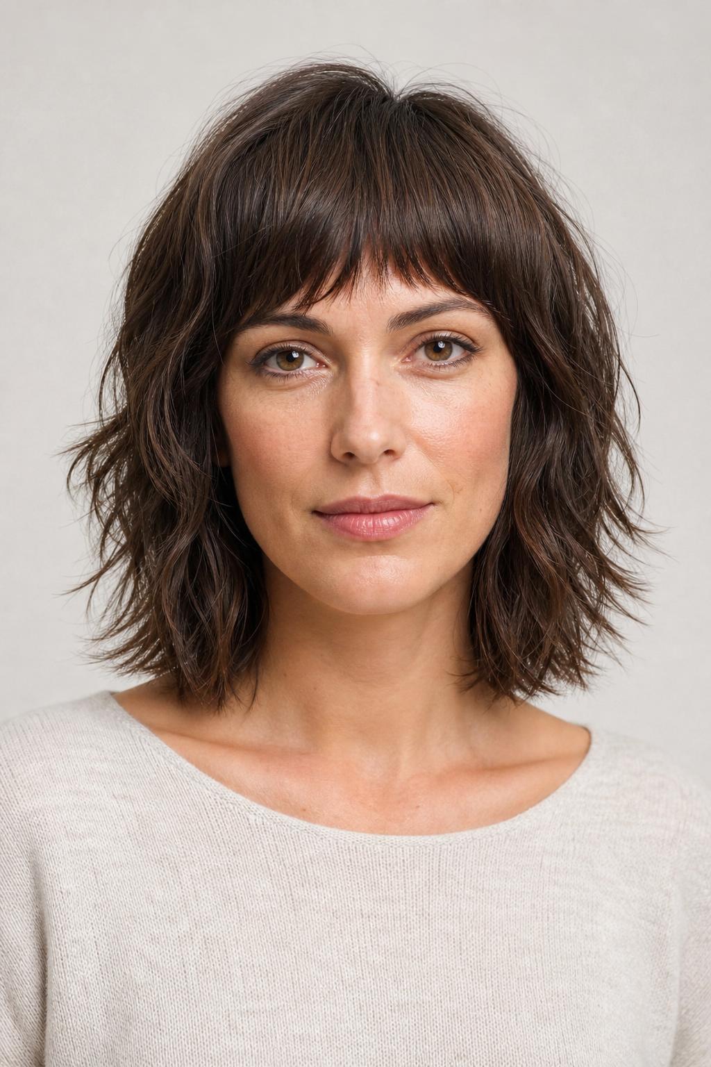 Clean Arched Fringe Above a Layered Shaggy Bob on Wavy Brown Hair