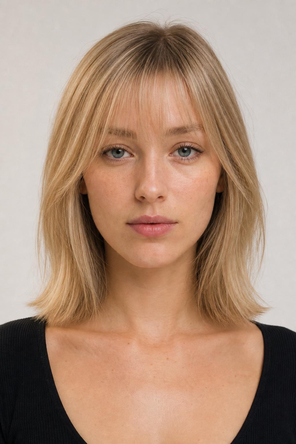 Sheer Arched Bangs with a Rounded Hem on Fine Blonde Hair