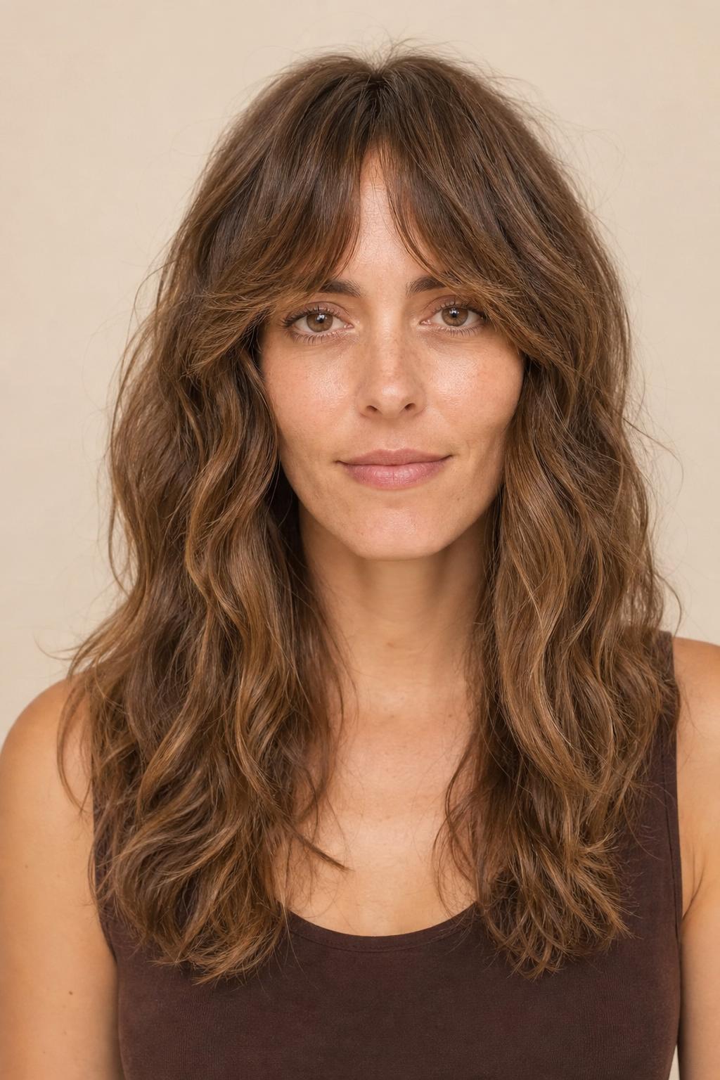 Wavy Arched Bangs with a Softly Split Center on Sandy Brown Hair