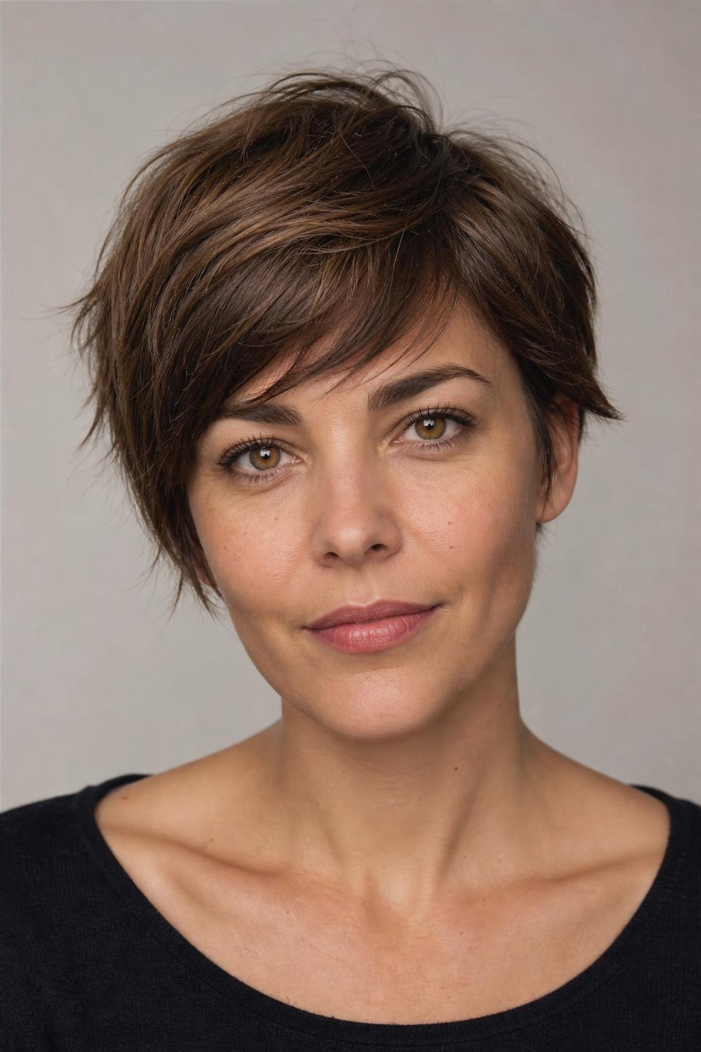 Choppy Angled Bangs Blending into a Textured Bixie Cut on Brown Hair