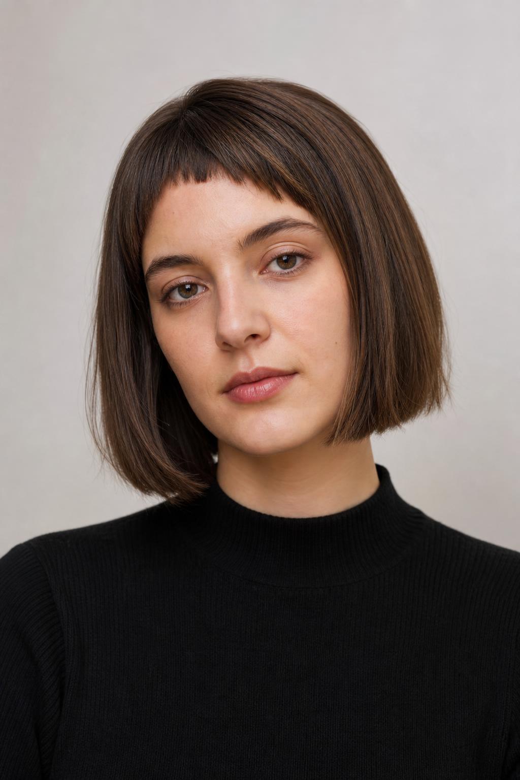 Angled Micro Bangs Paired with a Chin-Length Blunt Bob on Straight Hair