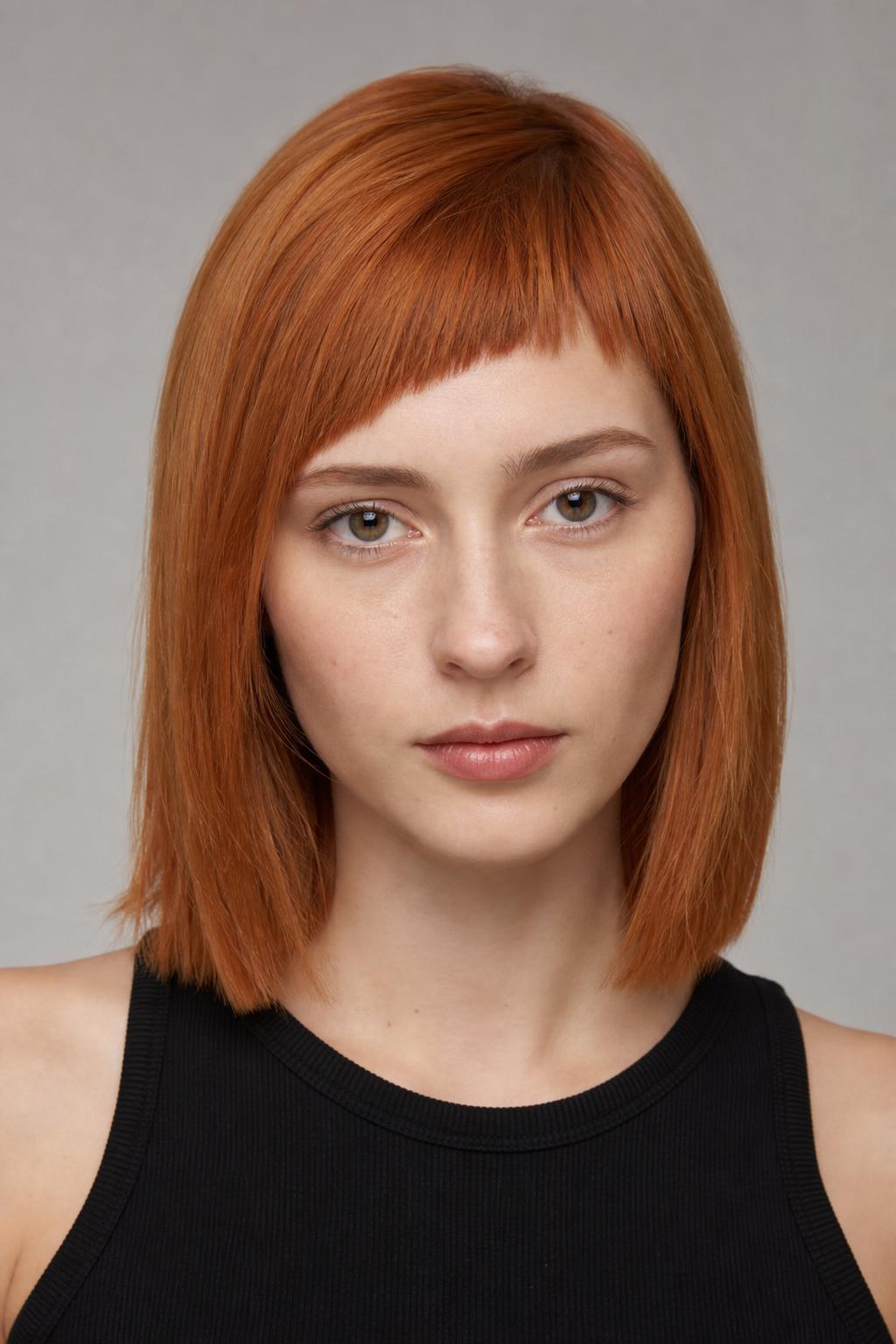 Copper Micro Bangs with an Off-Center Slant on a Warm Red Lob