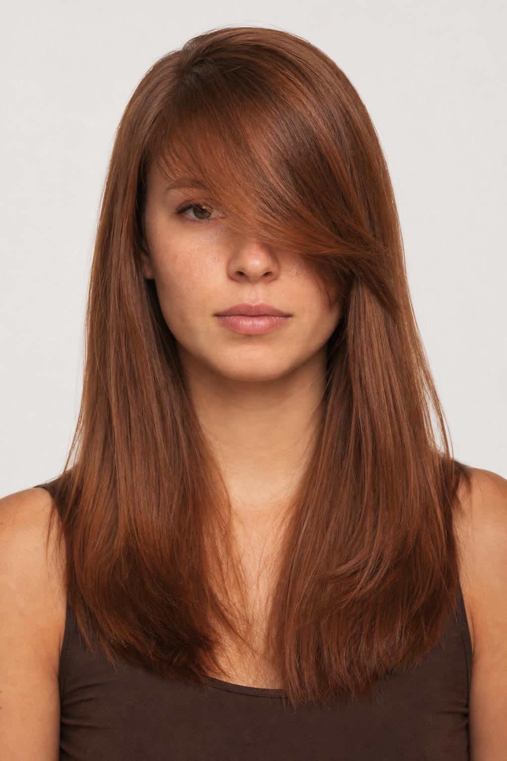 Eye-Skimming Diagonal Bangs with a Defined Edge on Thick Auburn Hair