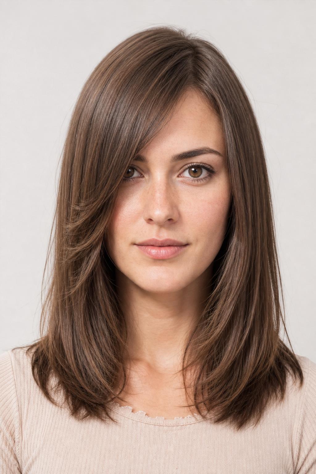Long Angled Bangs Melting into Face-Framing Layers on a Heart-Shaped Face