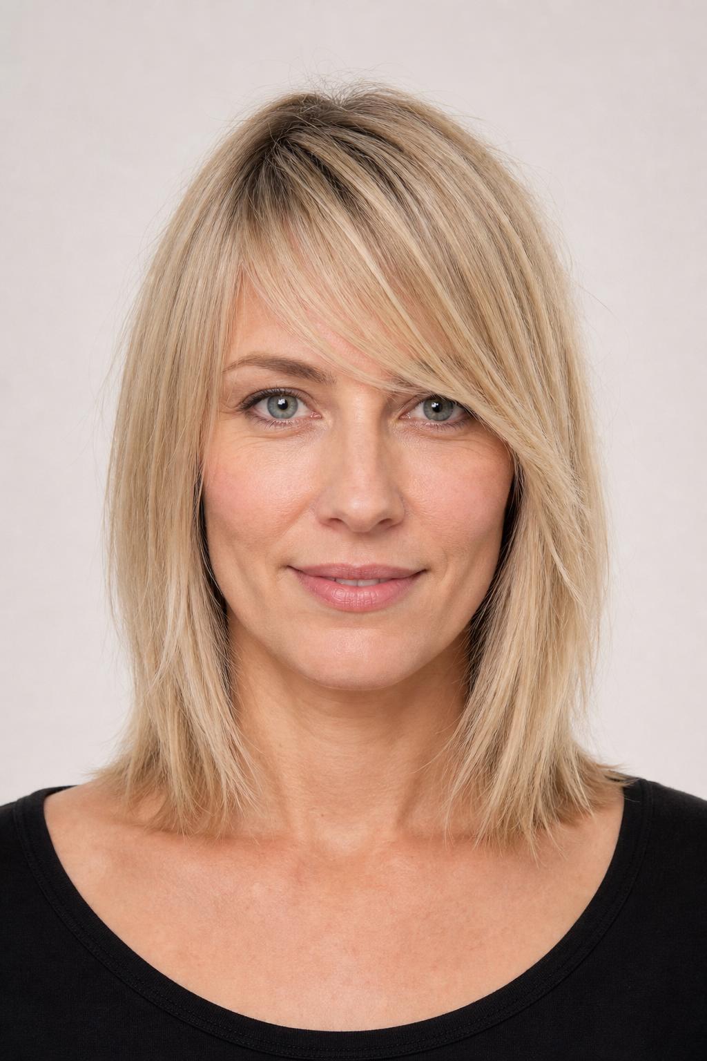 Feathered Asymmetrical Fringe with Tapered Ends on Fine Blonde Hair