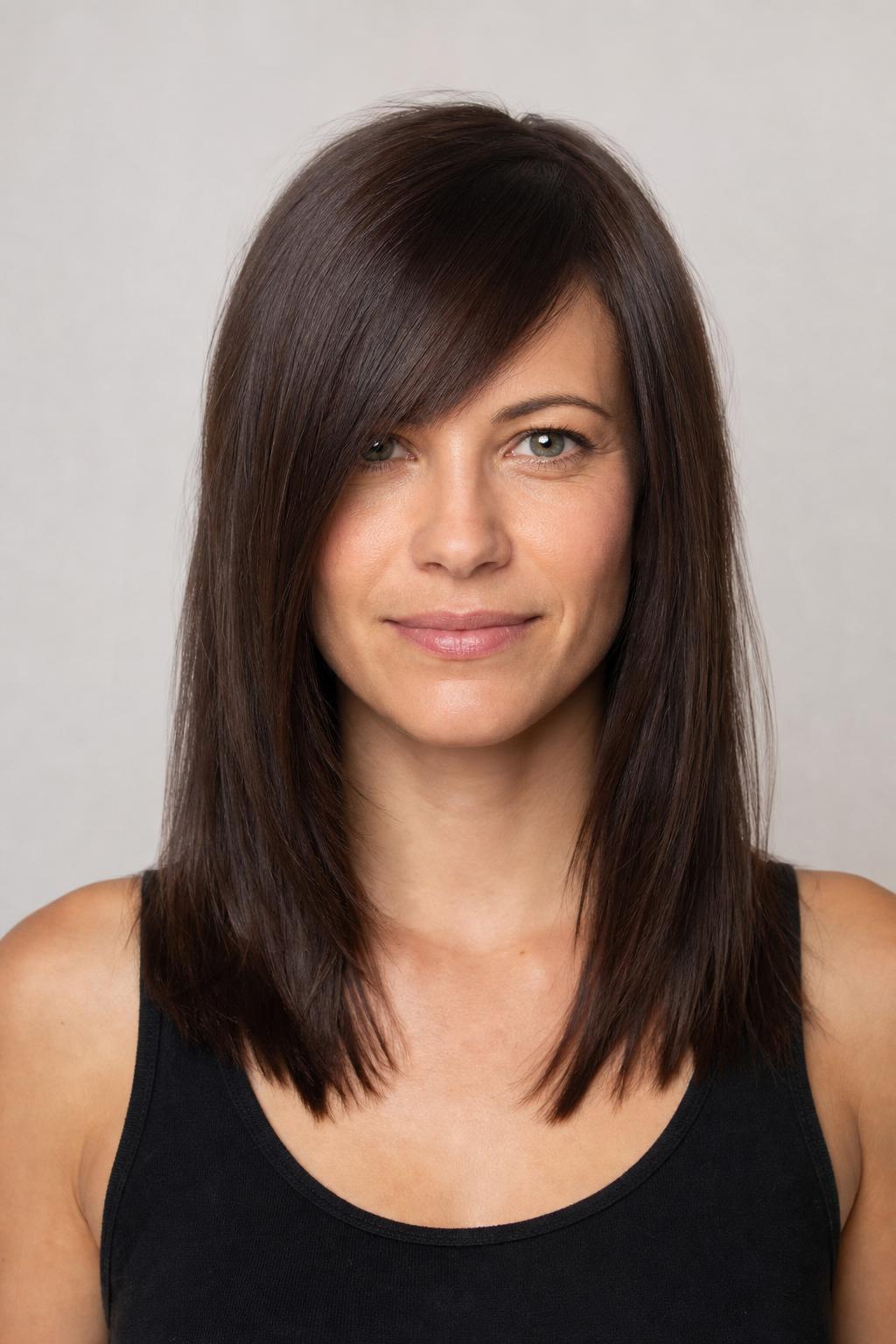 Jaw-Grazing Diagonal Fringe Cut in One Continuous Line on Dark Hair