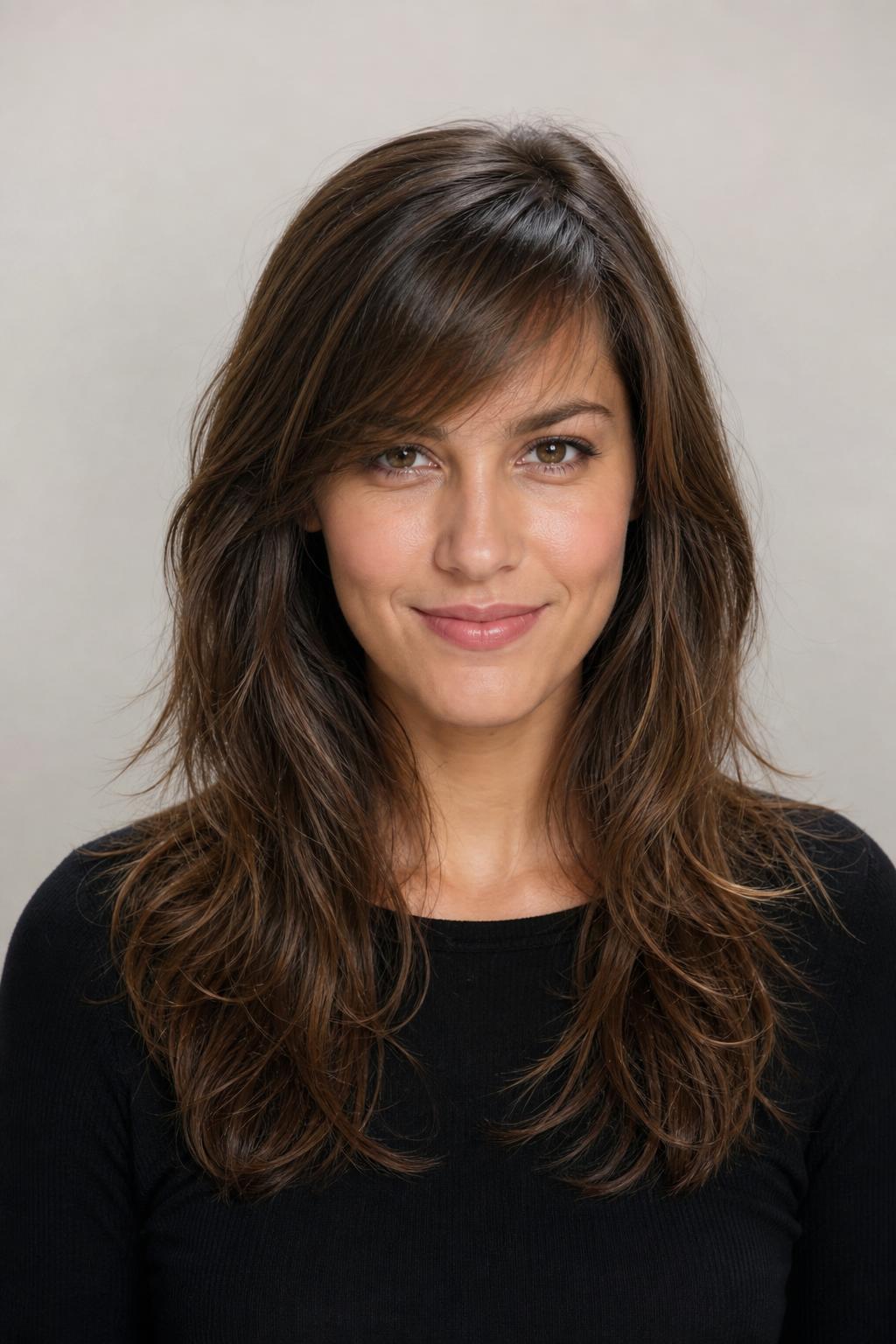 Airy Angled Bangs Connected to Long Layers on a Long Face Shape