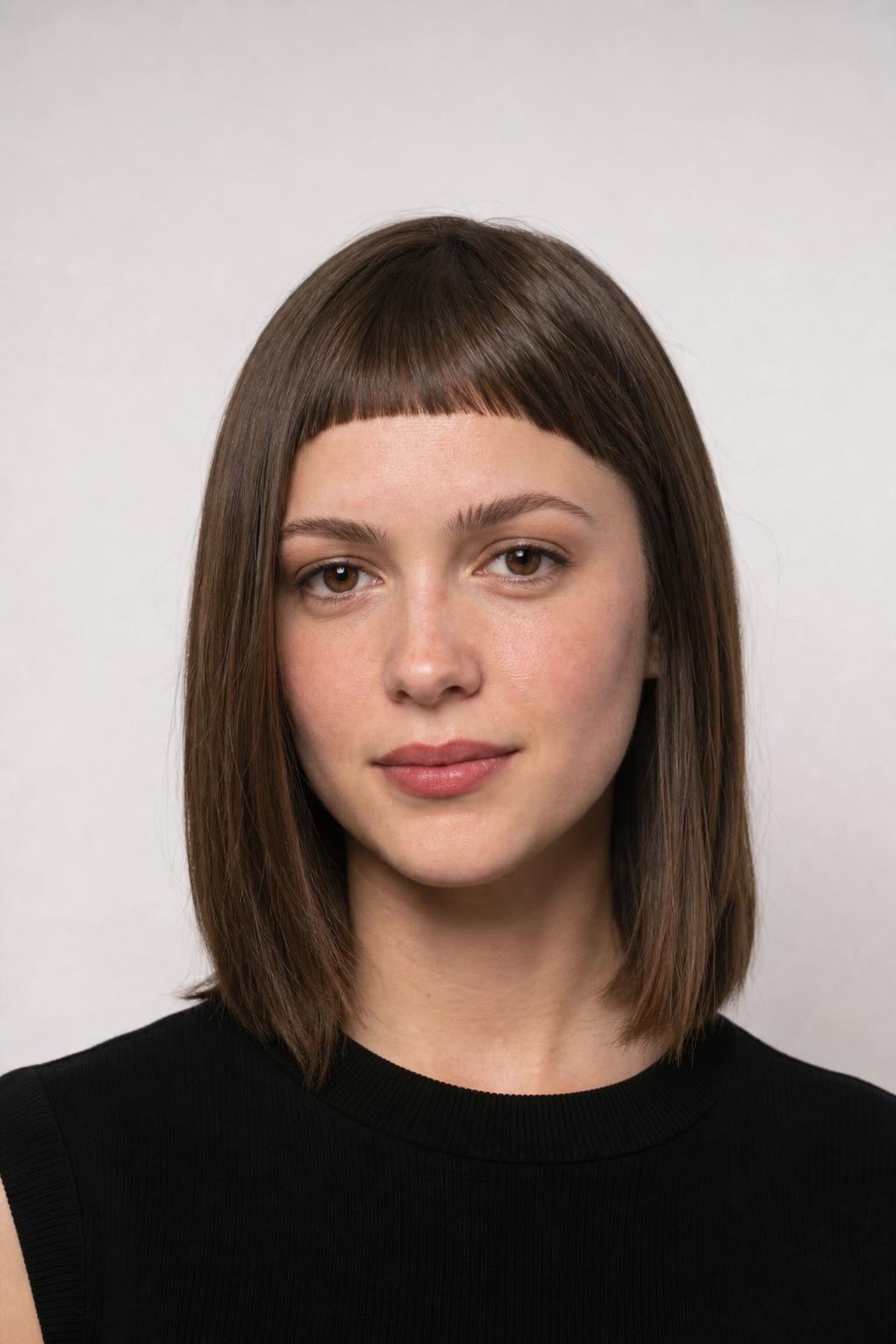Micro Asymmetrical Bangs with a Crisp Diagonal Line on Straight Dark Hair