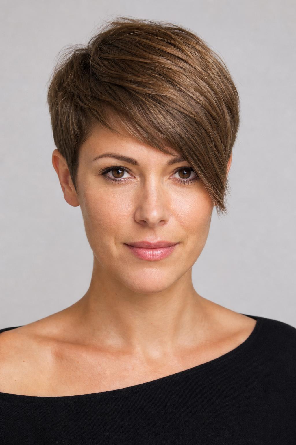 Cropped Pixie with a Long Diagonal Fringe Reaching One Cheekbone