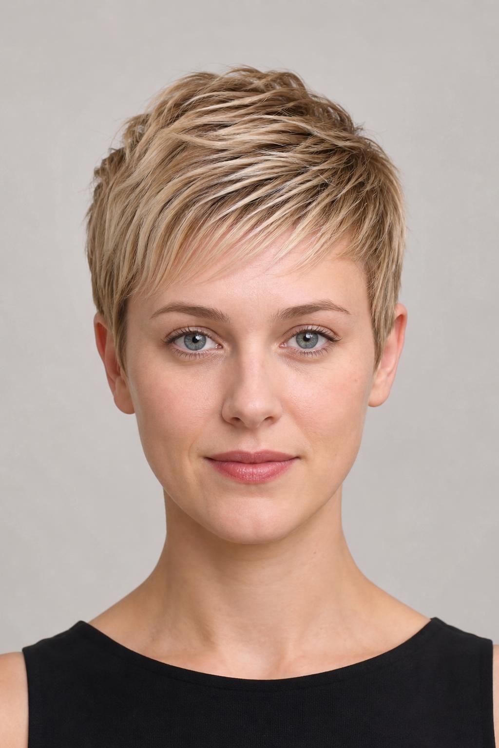 Sliced Baby Bangs Styled Diagonally on a Short Cropped Pixie Cut