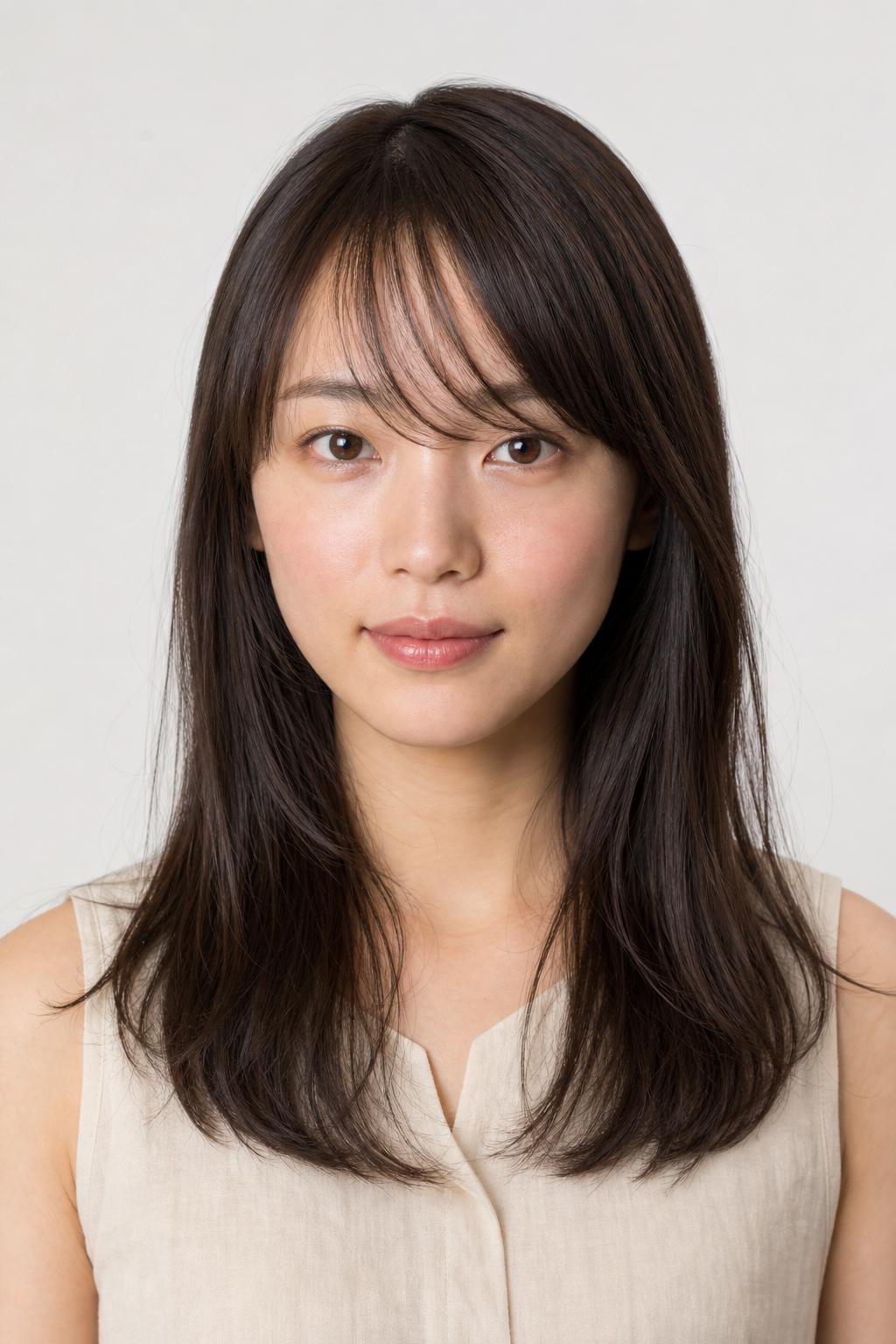 Sheer See-Through Bangs Cut on a Gentle Slant on Fine Dark Hair