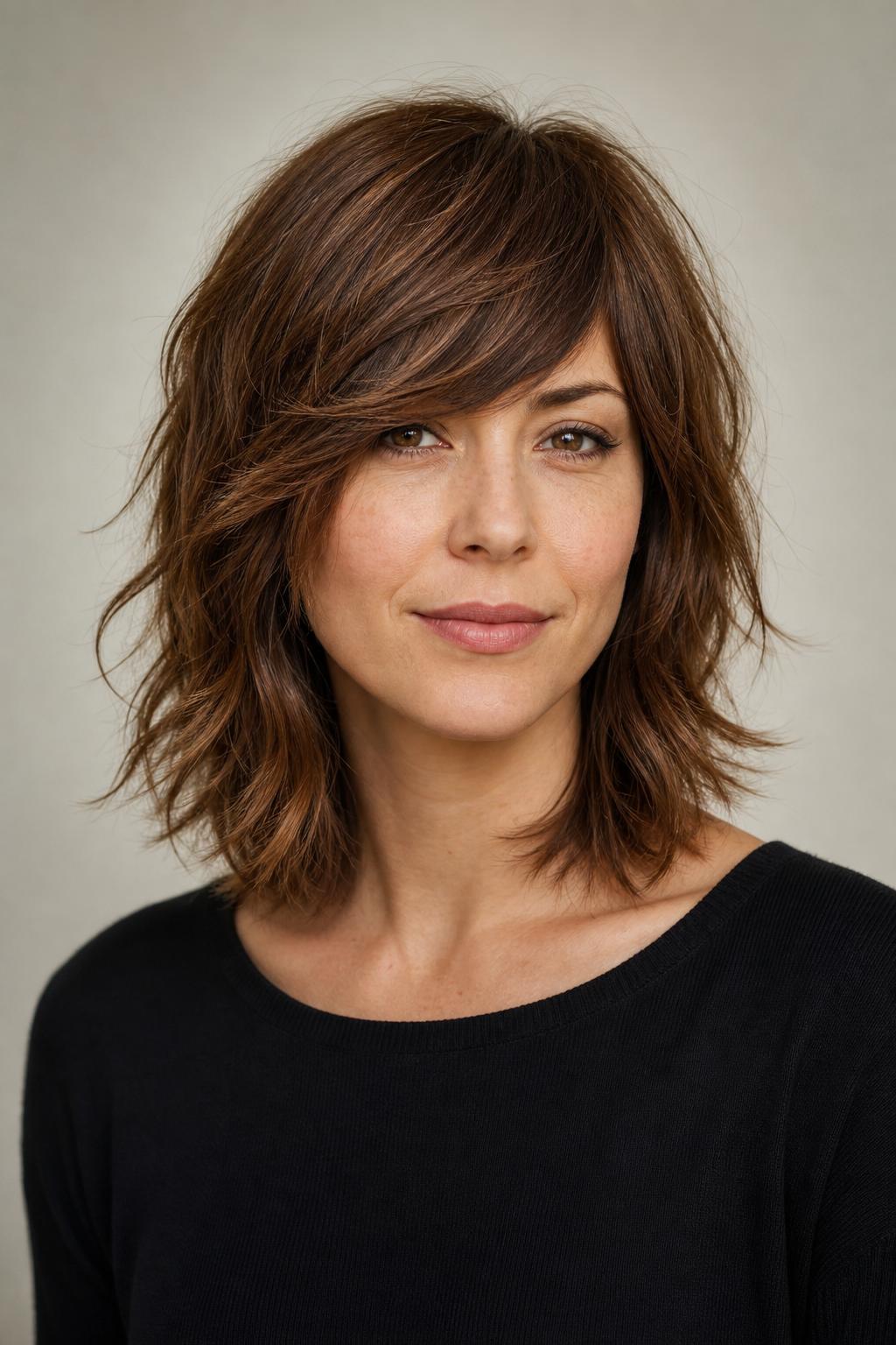 Slanted Fringe as the Shortest Layer of a Wavy Shoulder-Length Shag