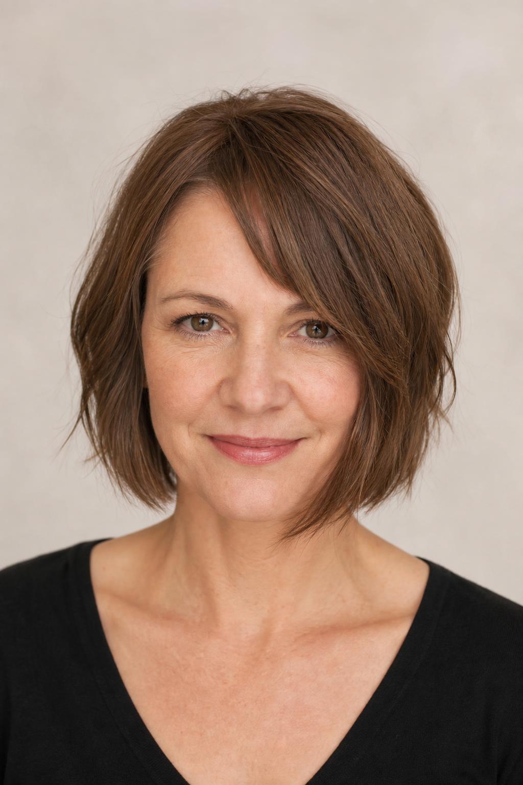 Soft Off-Center Fringe with Razored Ends on a Chin-Length Wavy Bob
