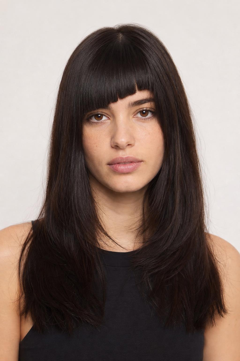 Thick Blunt Bangs Cut in Two Visible Steps Across the Forehead