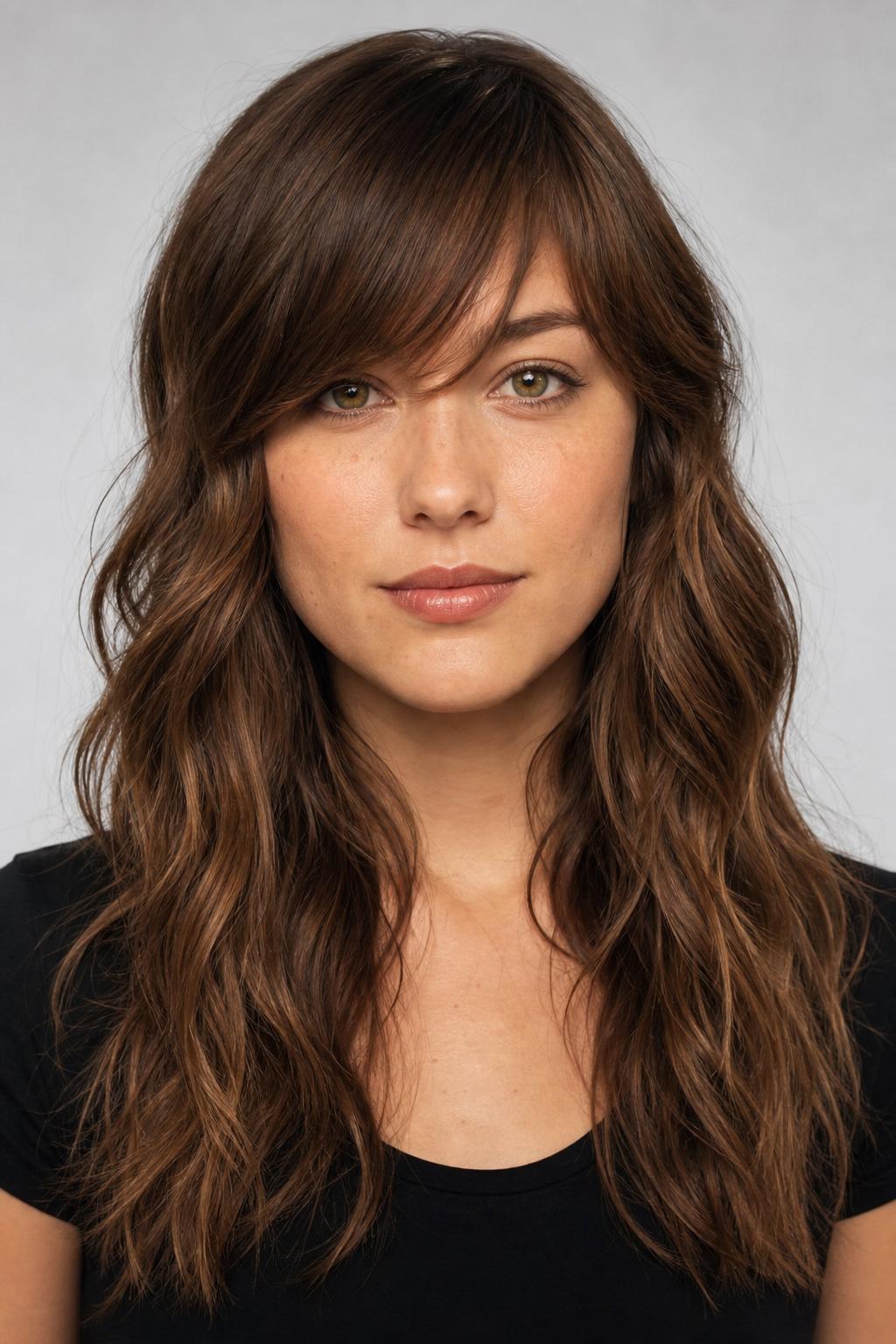 Smooth Slanted Fringe Against Loose Natural Waves on Chestnut Hair