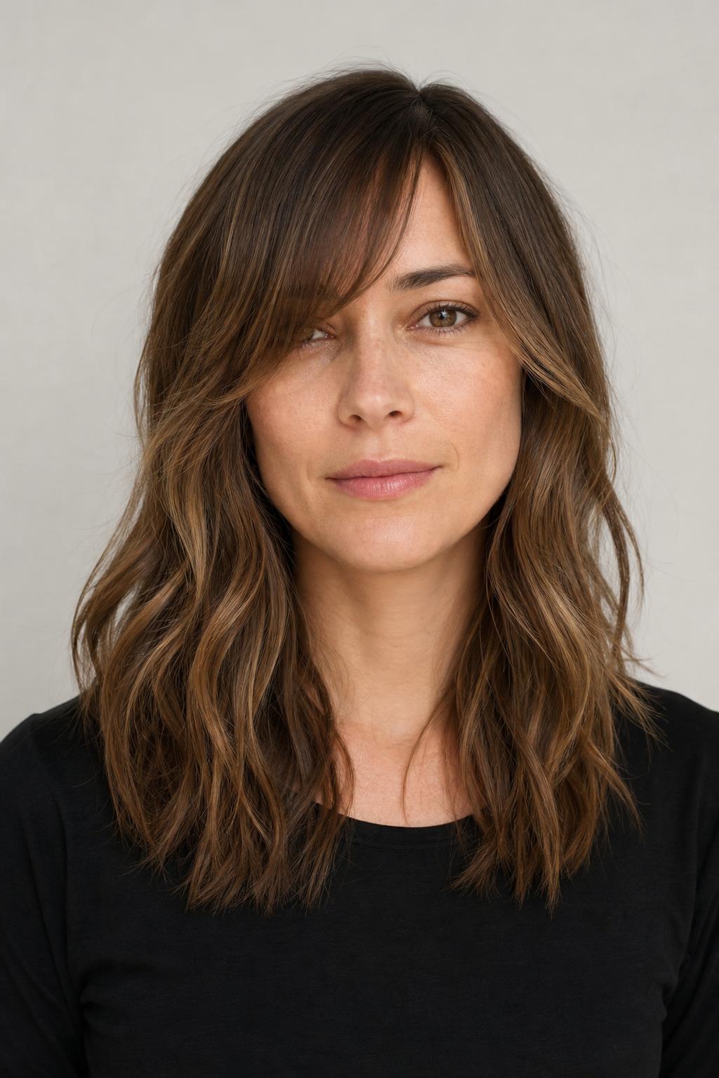Wispy Off-Center Curtain Fringe with One Longer Side on Light Brown Hair