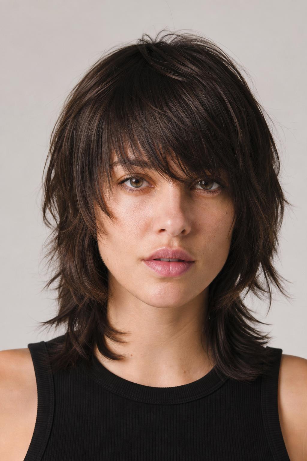 Razor-Cut Slanted Fringe with Torn Ends on a Shoulder-Length Wolf Cut
