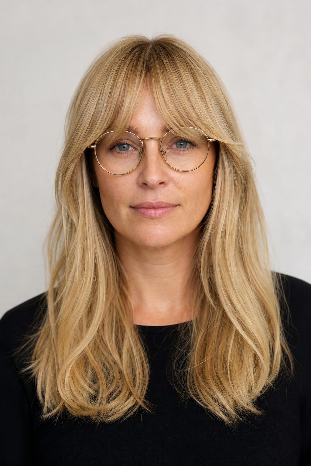 Softly Parted Full Fringe with Oversized Round Glasses on Blonde Hair
