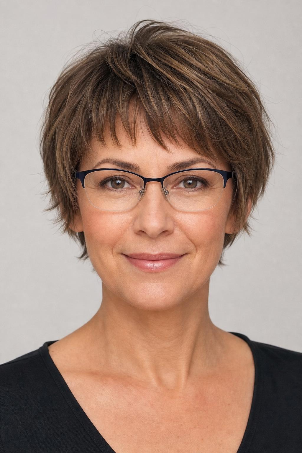 Choppy Bixie Fringe with Semi-Rimless Glasses on Warm Brown Hair