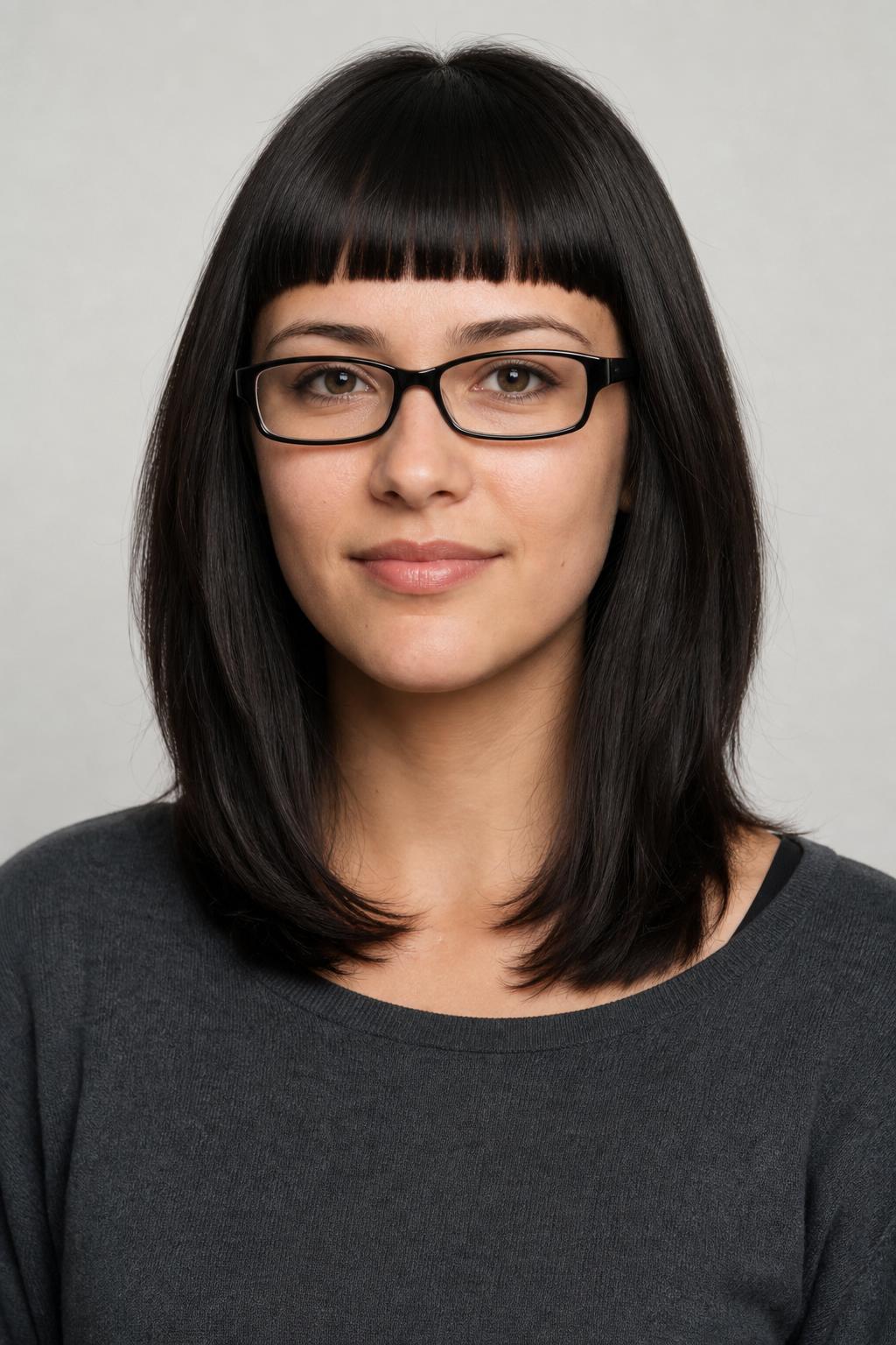 Dense Blunt Bangs a Finger's Width Above Slim Rectangular Frames