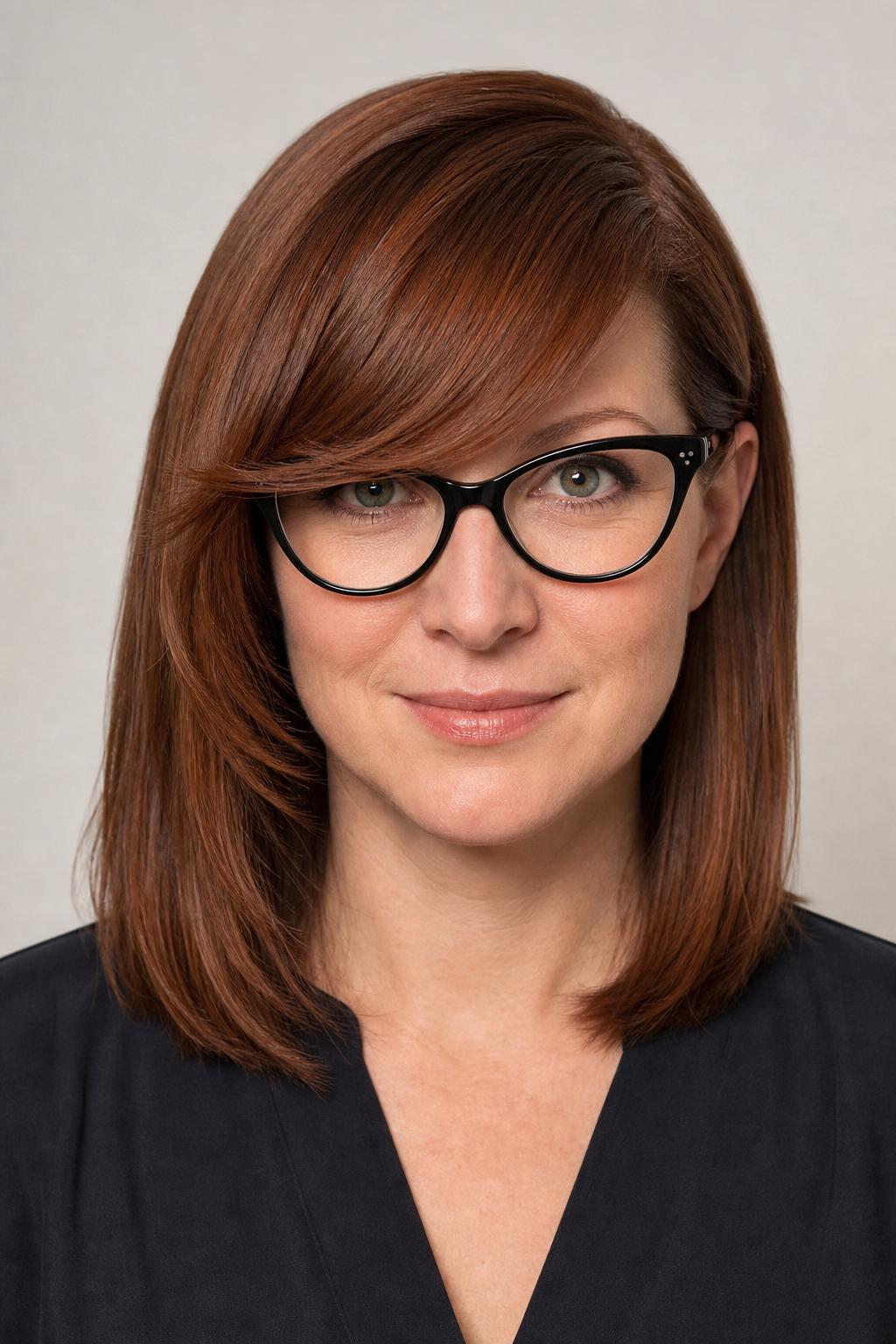 Side-Swept Fringe Angled Along Cat-Eye Glasses on Auburn Hair