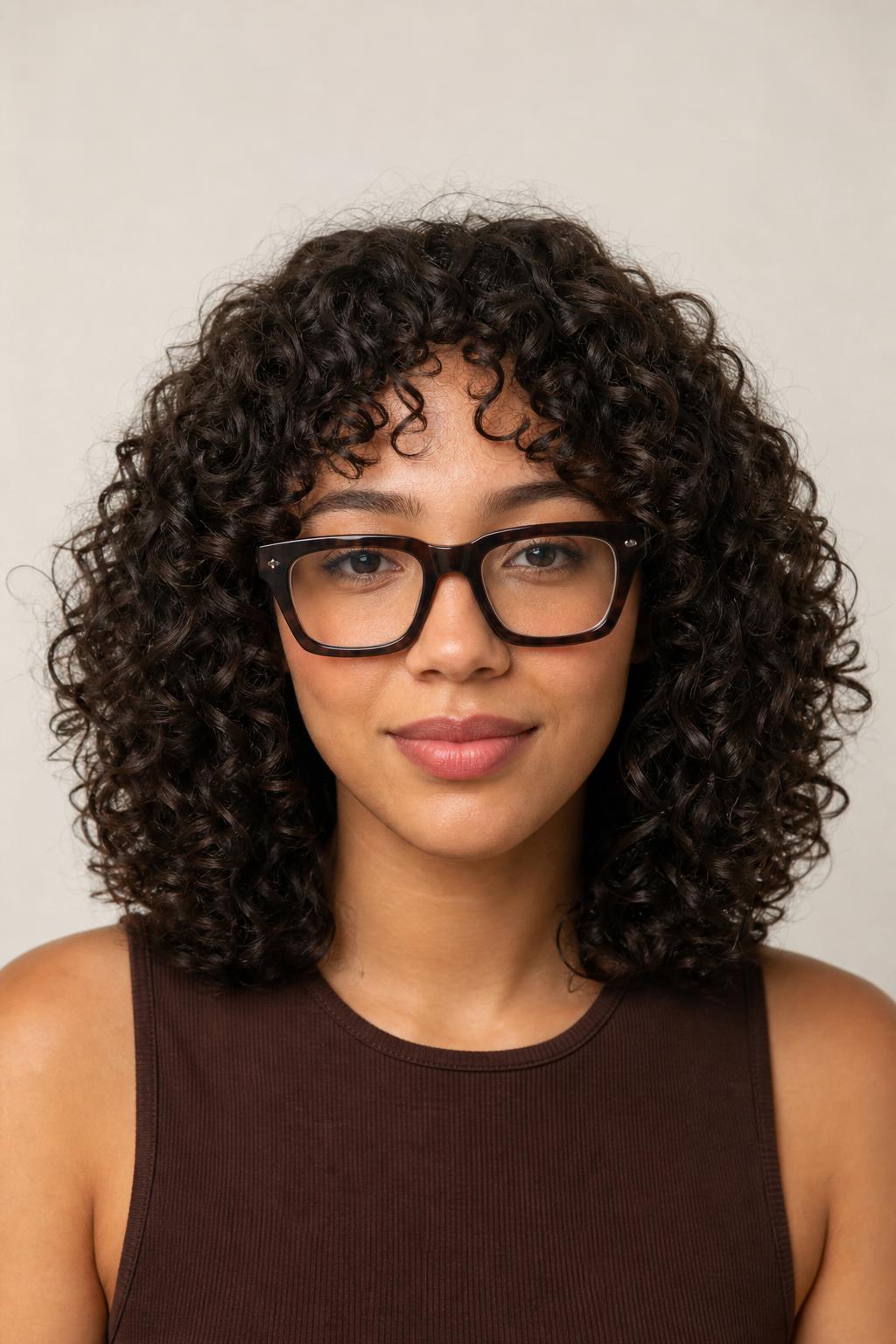Curly Curtain Fringe Above Bold Rectangular Frames on Natural Curls