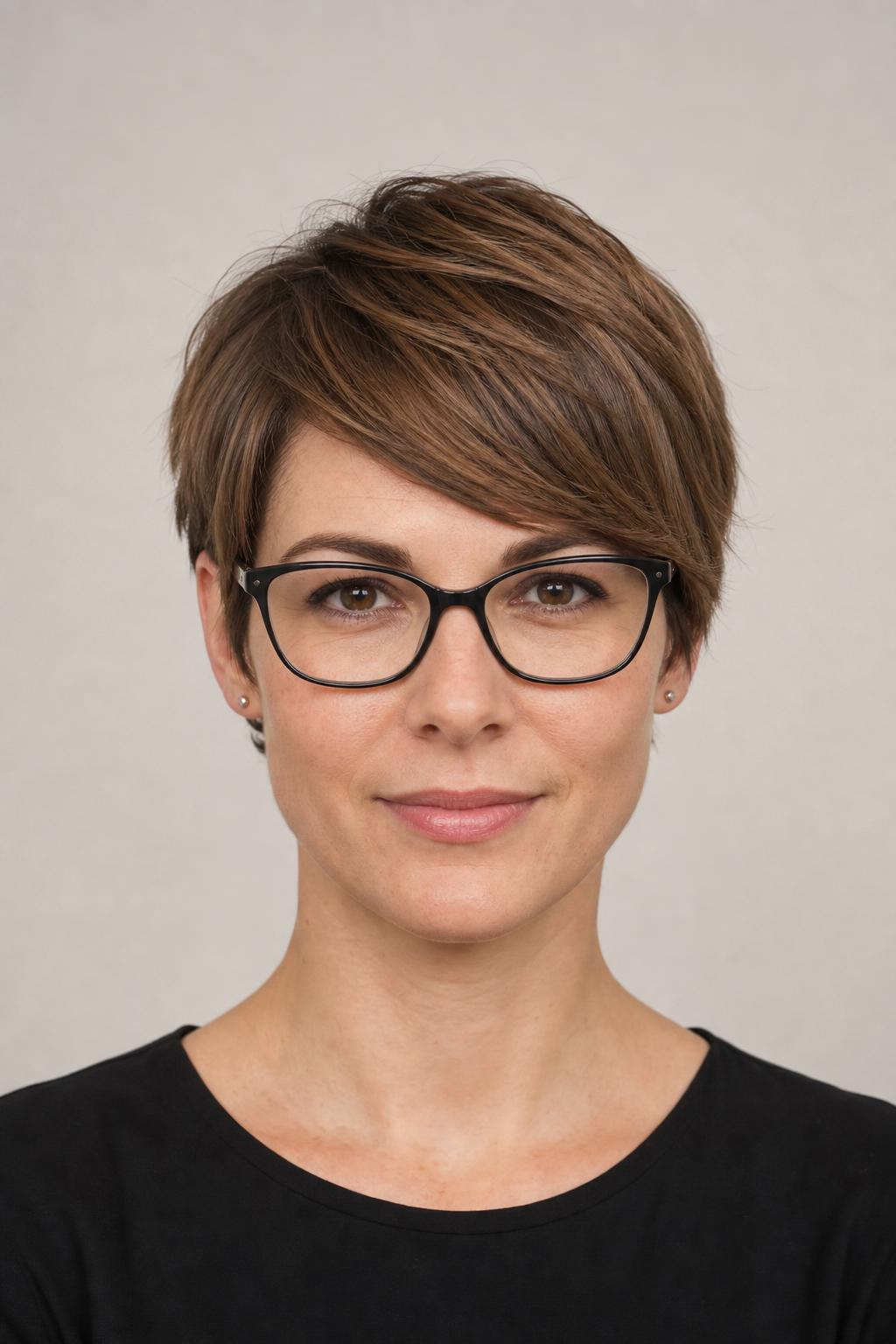 Long Pixie Fringe Sweeping Above One Temple Arm of Thin Frames
