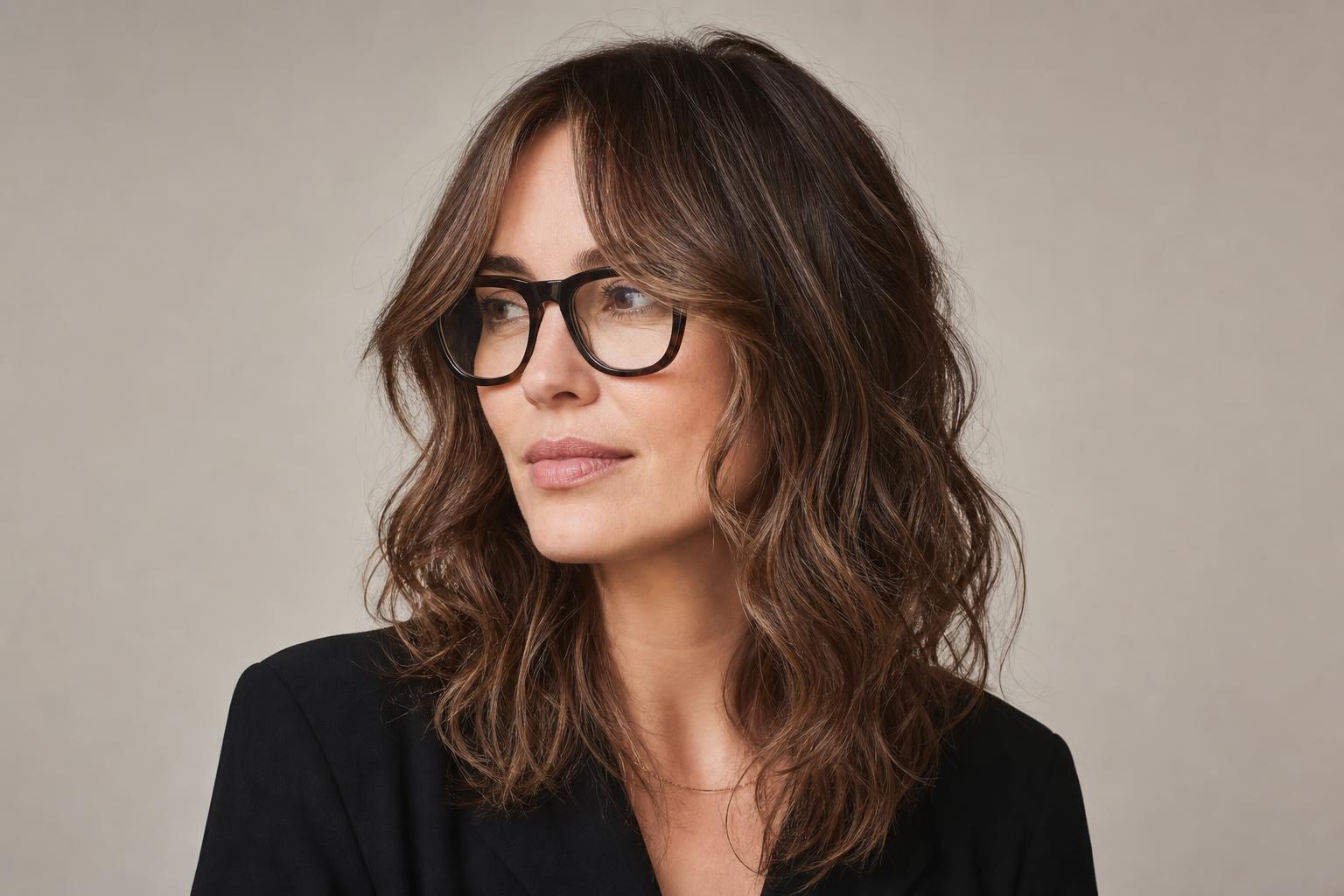 Curtain Bangs Paired with Bold Acetate Glasses on Wavy Brown Hair