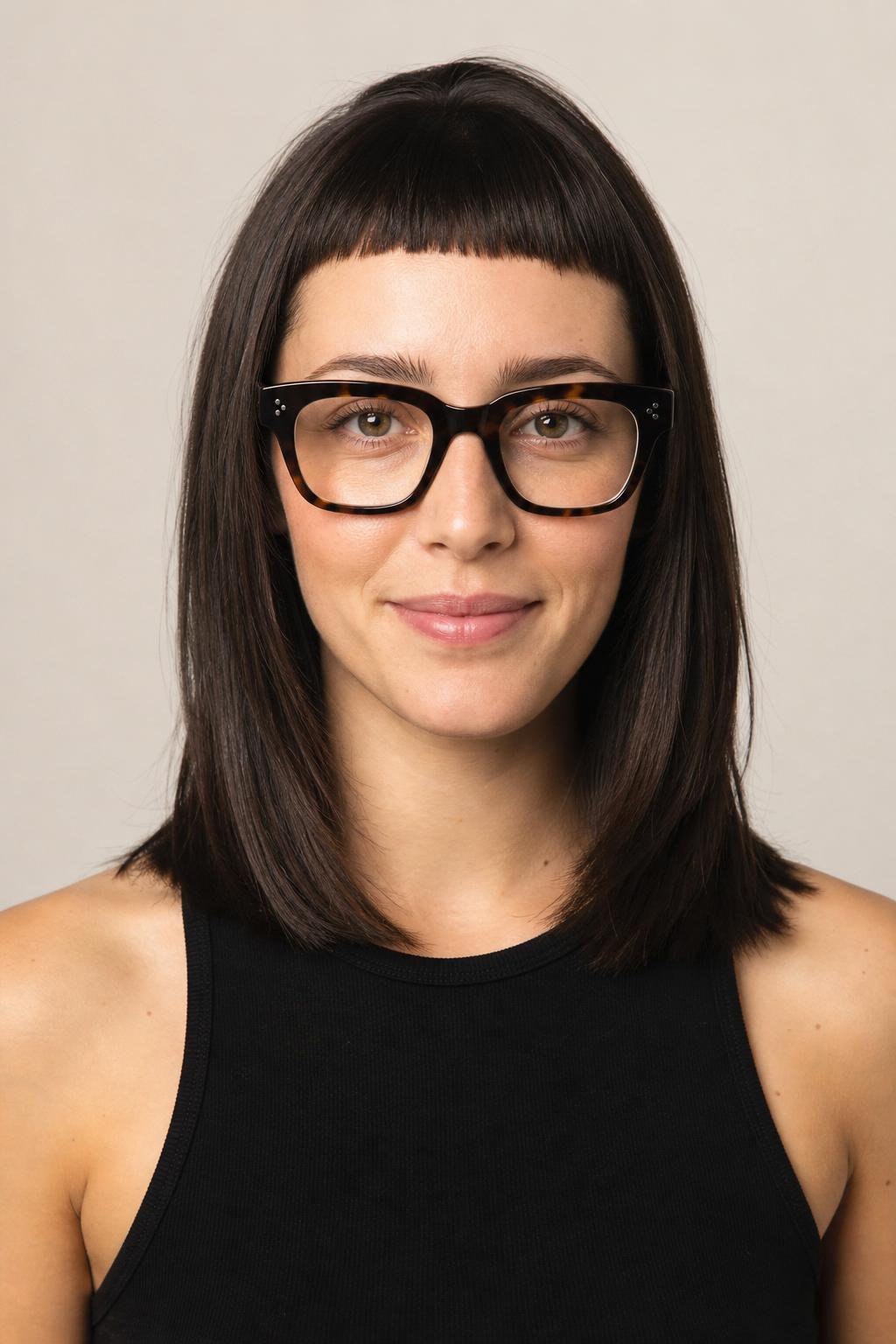 High Micro Bangs Leaving Room for Thick Statement Acetate Frames