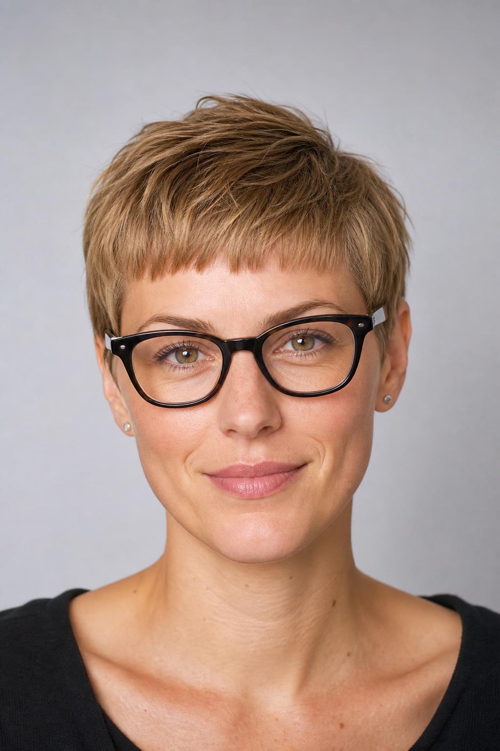 Forward-Combed Pixie Fringe with Bold Dark Frames on Fine Hair