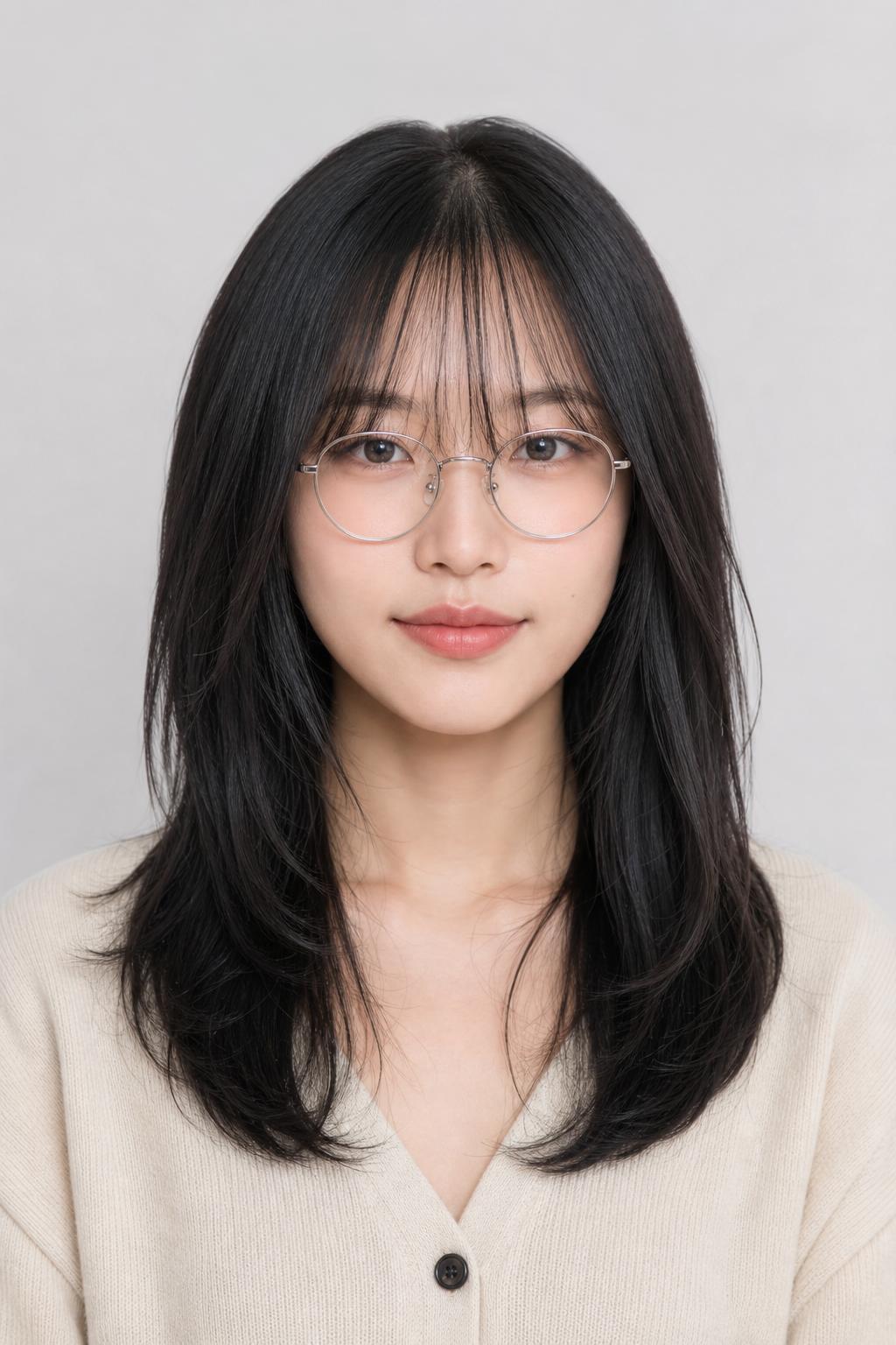Sheer Brow-Grazing Bangs with Thin Silver Metal Frames on Fine Hair