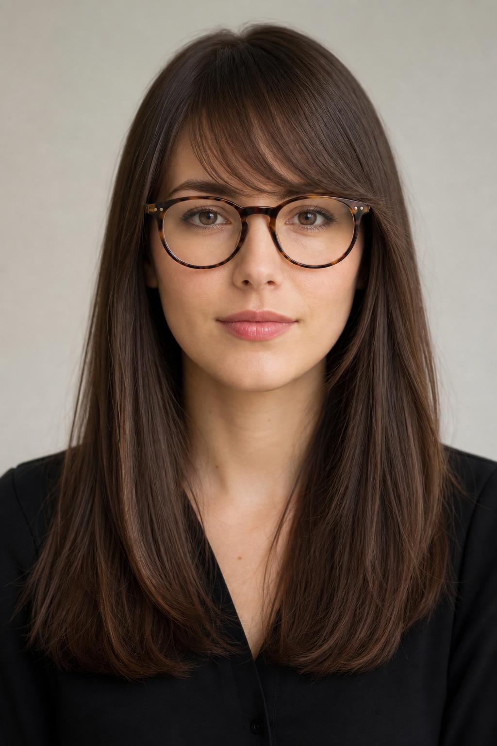 Slanted Sheer Wisps with Round Tortoiseshell Glasses on Warm Brunette Hair